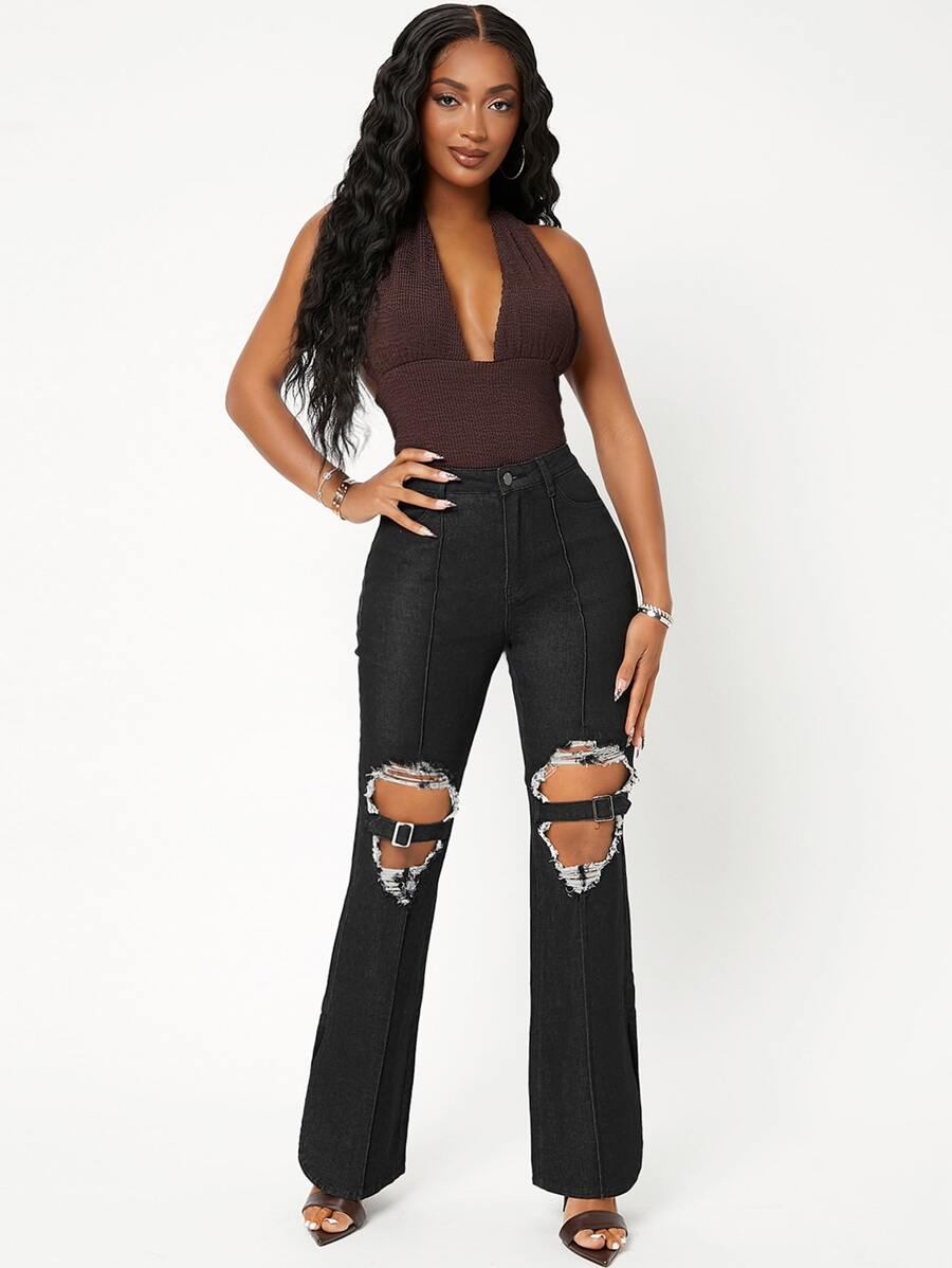 SHEIN 高腰喇叭破洞牛仔褲 - 黑色 - 查看 1