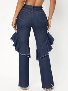 SHEIN 高腰荷葉邊毛邊牛仔褲 - 深色水洗藍 - 查看 2