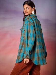 SHEIN Plaid Flap Pocket Drop Shoulder Overcoat - Multicolor - View 2