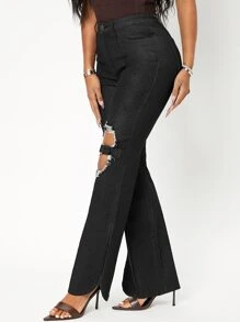 SHEIN 高腰喇叭破洞牛仔褲 - 黑色 - 查看 4