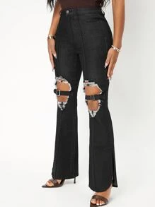 SHEIN 高腰喇叭破洞牛仔褲 - 黑色 - 查看 5