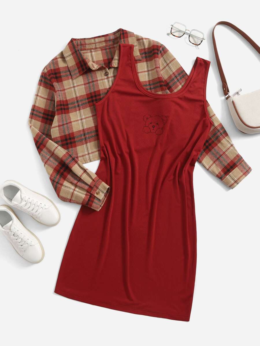 SHEIN EZwear Plus Plaid Blouse & Bear Print Bodycon Dress - Multicolor - View 1