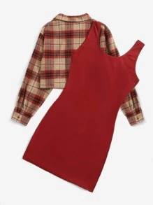 SHEIN EZwear Plus Plaid Blouse & Bear Print Bodycon Dress - Multicolor - View 2