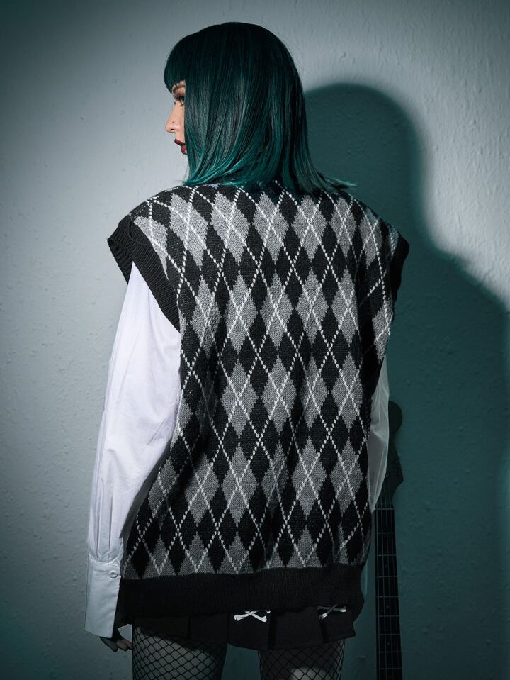 Pull sans manches tête de mort et motif losange