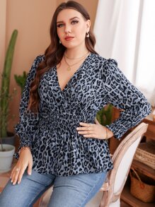 SHEIN Clasi Áo sơ mi Plus Size viền lá sen Viên lá sen Dải chun Báo Thanh lịch - Nhiều màu - Xem 5