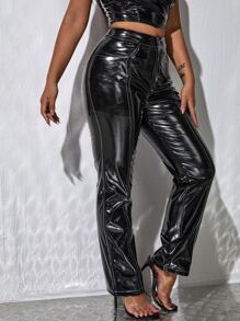 Pantalones fruncido con puntada en contraste cónico PU - Negro - Ver 3