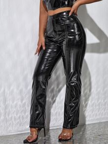 Pantalones fruncido con puntada en contraste cónico PU - Negro - Ver 4