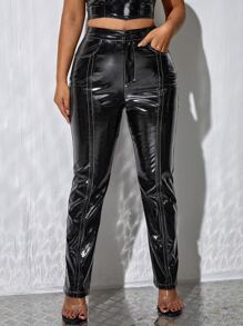Pantalones fruncido con puntada en contraste cónico PU - Negro - Ver 5