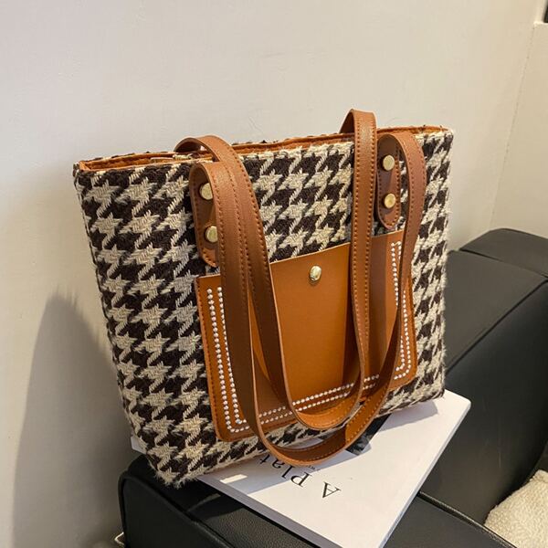 

Houndstooth Graphic Stitch Design Shoulder Tote Bag, Brown