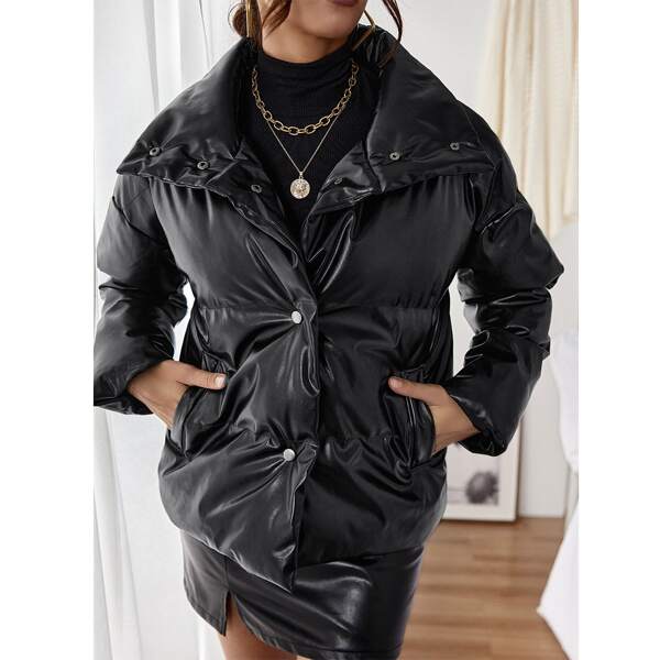 

Drop Shoulder PU Leather Puffer Coat, Black