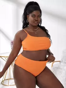 Plus Size Ribbed One Shoulder High Waisted Bikini Set Summer Beach - Orange - View 1