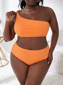 Plus Size Ribbed One Shoulder High Waisted Bikini Set Summer Beach - Orange - View 3