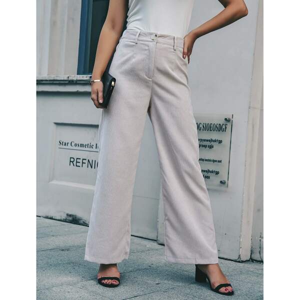 

High Waisted Wide Leg Corduroy Pants, Beige