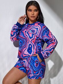Marble Print Drop Shoulder Sweatshirt & Shorts - Multicolor - View 4