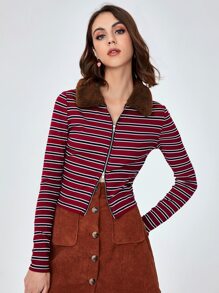 SHEIN Striped Print Zip Up T-Shirt - Multicolor - View 1