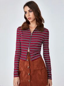 SHEIN Striped Print Zip Up T-Shirt - Multicolor - View 3