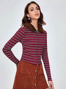 SHEIN Striped Print Zip Up T-Shirt - Multicolor - View 5
