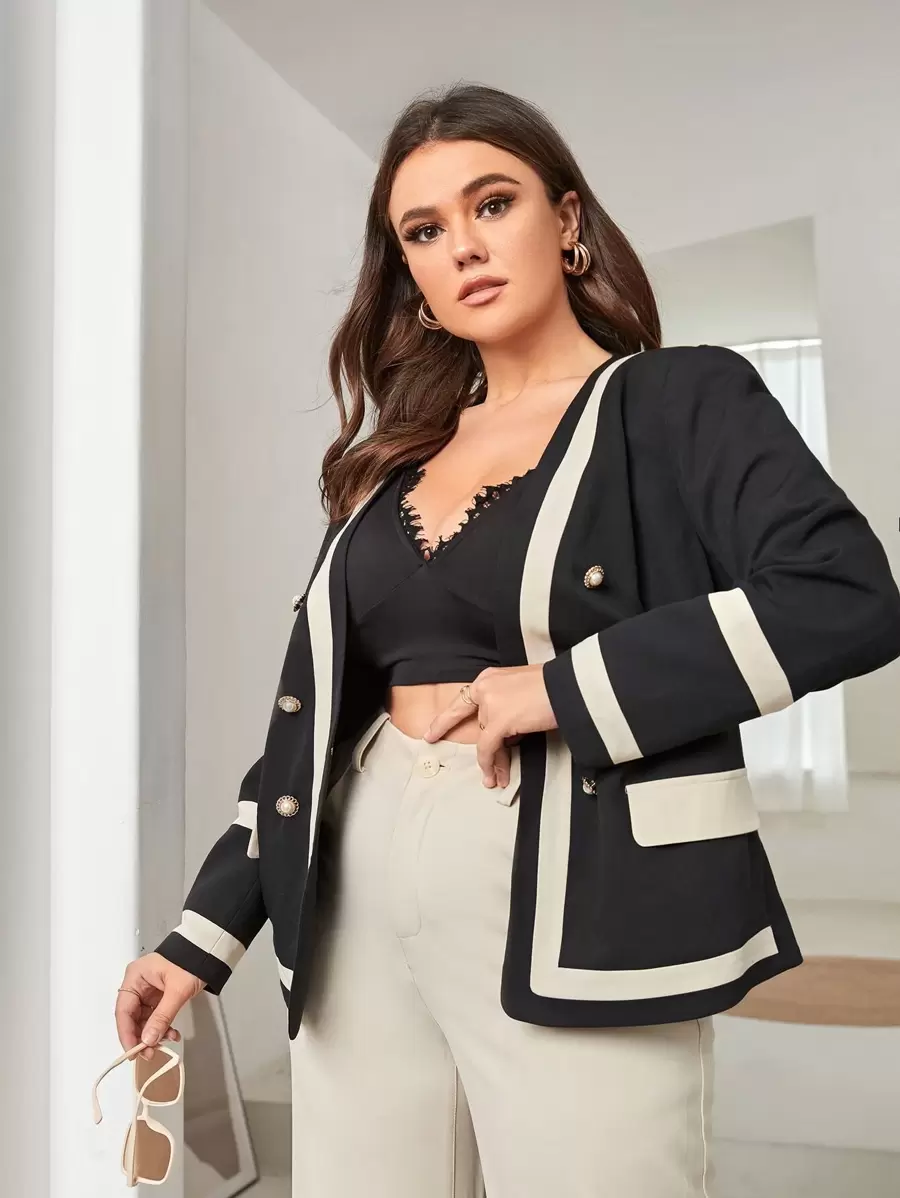 SHEIN Plus Contrast Panel Flap Detail Blazer - Black - View 1