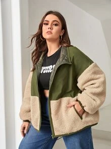 SHEIN 大碼絨毛拼塊落肩袖夾克 - 彩色 - 查看 1