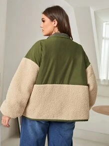 SHEIN 大碼絨毛拼塊落肩袖夾克 - 彩色 - 查看 2