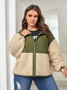 SHEIN 大碼絨毛拼塊落肩袖夾克 - 彩色 - 查看 3