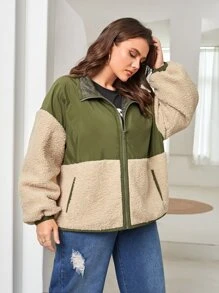 SHEIN 大碼絨毛拼塊落肩袖夾克 - 彩色 - 查看 6