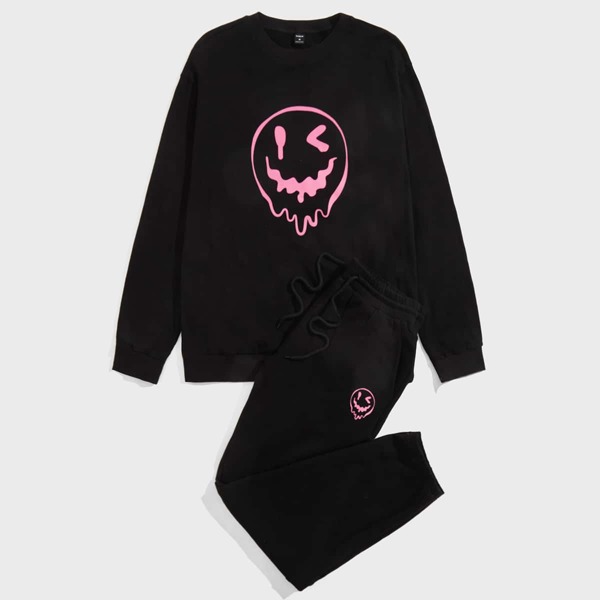 

Men Cartoon Face Print Sweatshirt & Sweatpants, Black