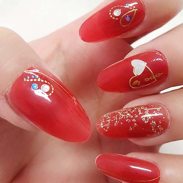 

1sheet Heart Pattern Nail Art Sticker & 1pc Nail File, Red
