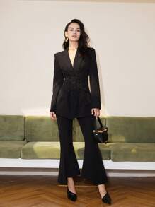 Dual Pocket Lace Up Front Blazer - Black - View 3