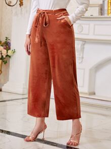 Modelyn Plus High Waist Belted Velvet Trousers - Burnt Orange - View 4