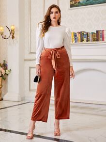 Modelyn Plus High Waist Belted Velvet Trousers - Burnt Orange - View 3