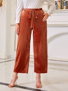 Modelyn Plus High Waist Belted Velvet Trousers - Burnt Orange - View 2