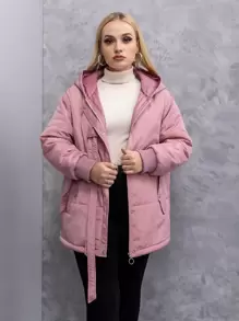 Plus Size Solid Zipper Up Tape Trim Hooded Padded Padded Coat Clothes Winter - Dusty Pink - View 1