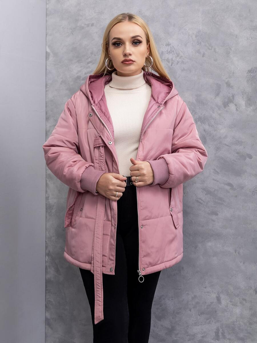 Plus Size Solid Zipper Up Tape Trim Hooded Padded Padded Coat Clothes Winter - Dusty Pink - View 1