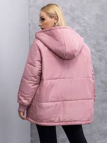 Plus Size Solid Zipper Up Tape Trim Hooded Padded Padded Coat Clothes Winter - Dusty Pink - View 2