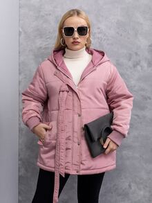 Plus Size Solid Zipper Up Tape Trim Hooded Padded Padded Coat Clothes Winter - Dusty Pink - View 3