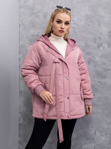 Plus Size Solid Zipper Up Tape Trim Hooded Padded Padded Coat Clothes Winter - Dusty Pink - View 4