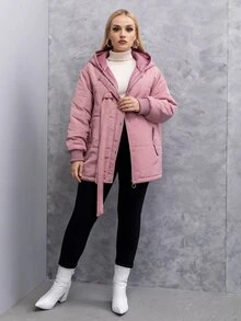 Plus Size Solid Zipper Up Tape Trim Hooded Padded Padded Coat Clothes Winter - Dusty Pink - View 5