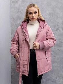 Plus Size Solid Zipper Up Tape Trim Hooded Padded Padded Coat Clothes Winter - Dusty Pink - View 7