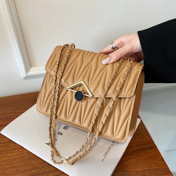 

Minimalist Textured Chain Flap Square Bag, Khaki