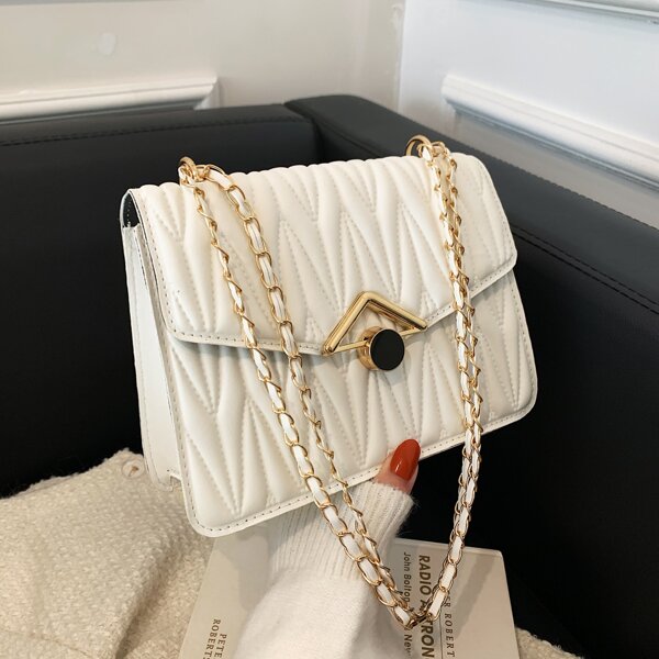 

Minimalist Textured Chain Flap Square Bag, White
