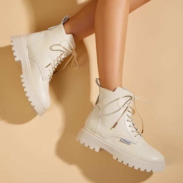 

Minimalist Lace-up Front Chunky Boots, Beige
