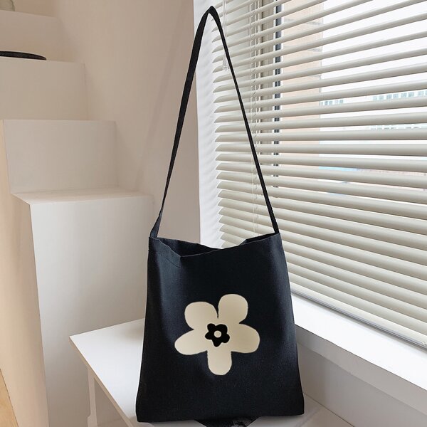

Minimalist Flower Graphic Shoulder Bag, Black