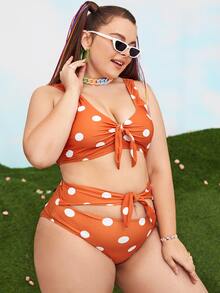 Plus Size Polka Dot Print Knot Bikini Set Summer Beach - Burnt Orange - View 3