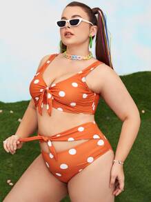 Plus Size Polka Dot Print Knot Bikini Set Summer Beach - Burnt Orange - View 4