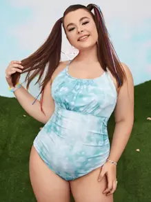 Bañador de una pieza con efecto tie dye y acanalado, para el verano y las vacaciones en la playa - Azul y blanco - Ver 1