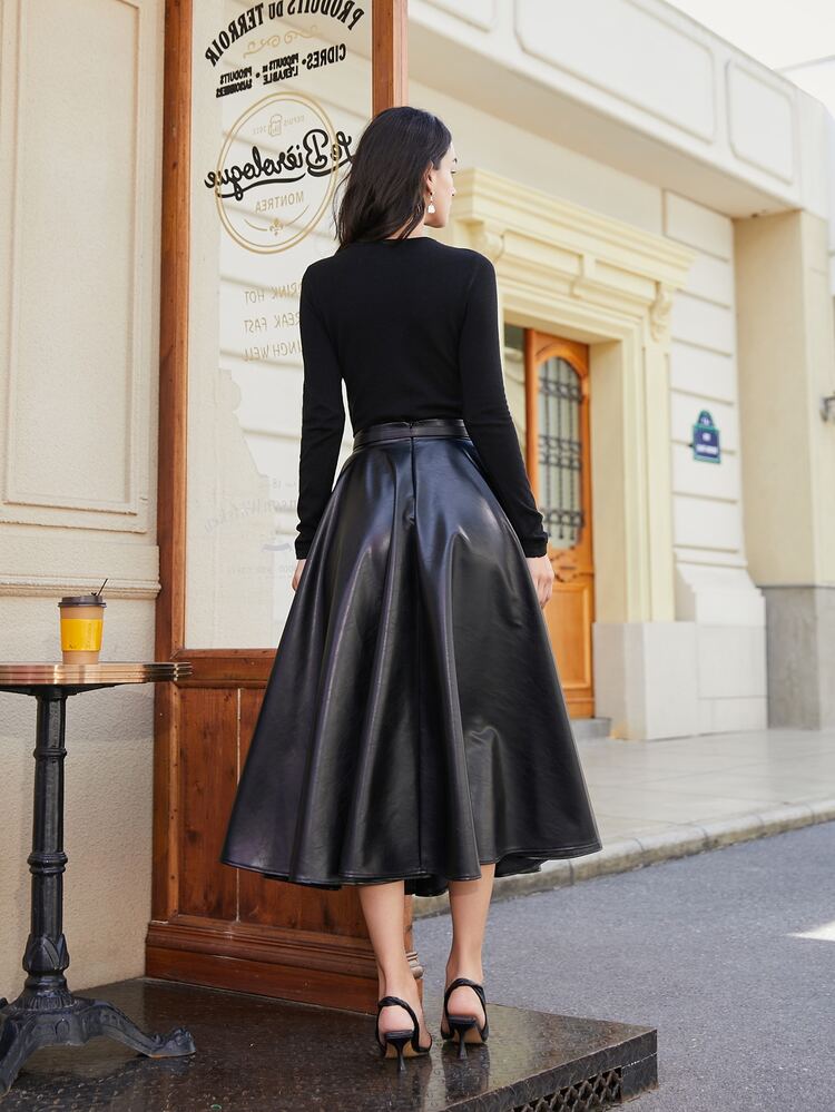 High Waist PU Leather Flare Skirt - Black - View 2