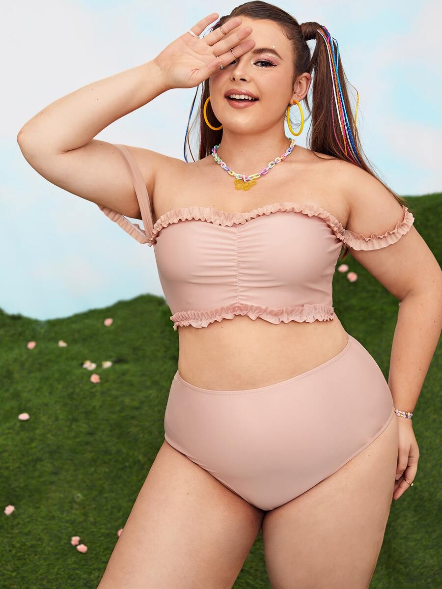 Plus Size Frill Trim Ruched Bandeau Bikini Set Summer Beach - Dusty Pink - View 1