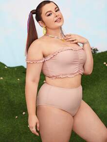 Plus Size Frill Trim Ruched Bandeau Bikini Set Summer Beach - Dusty Pink - View 3