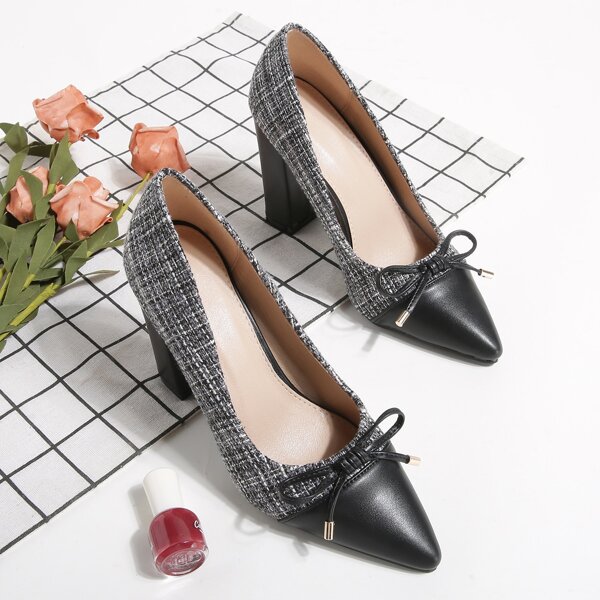 

Bow Decor Chunky Heeled Court Pumps, Grey